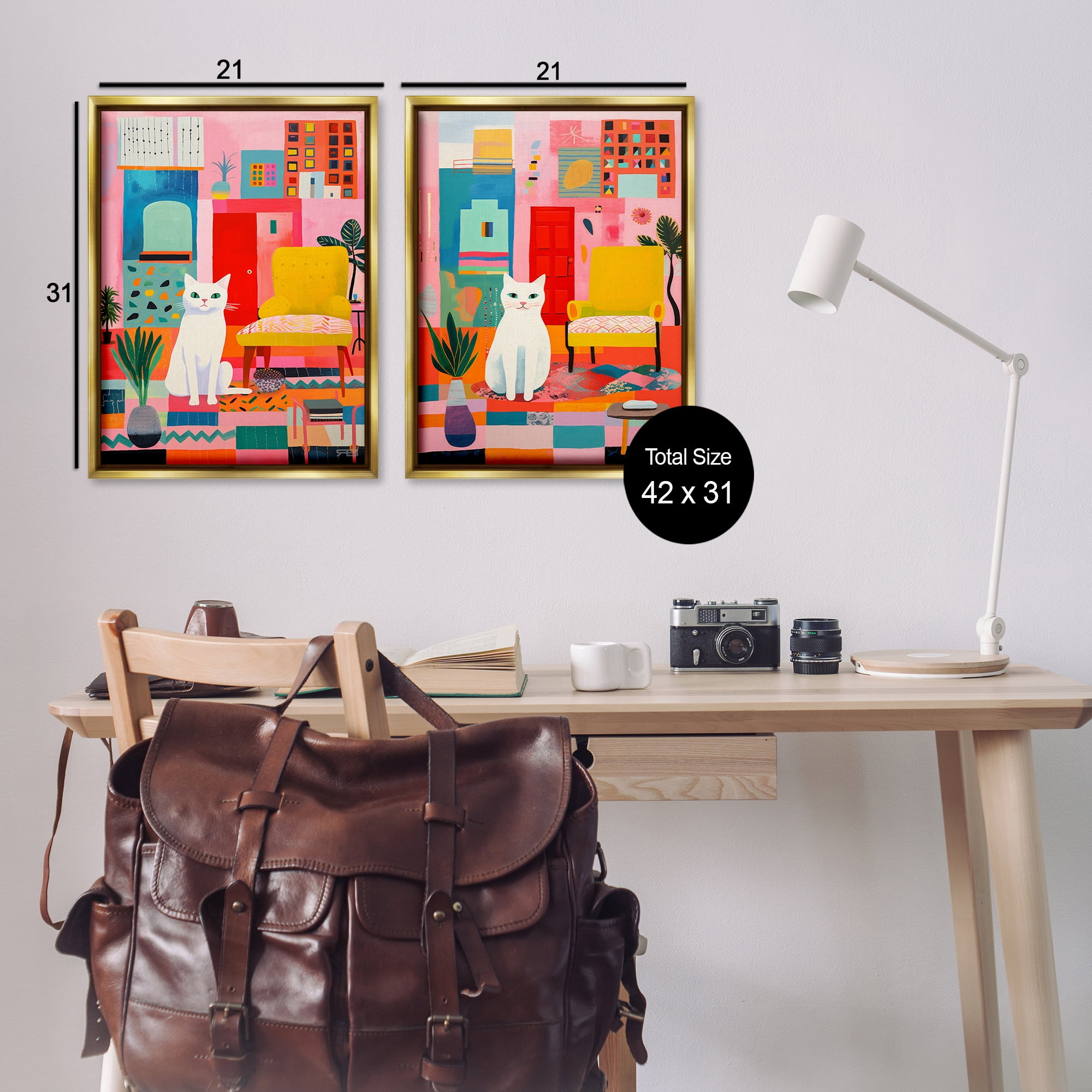 Stupell Industries Bright Room Sitting Cat Furniture Painting Gold Floater Framed Canvas Art Print Wall Art, 21 x 31, Set of 2