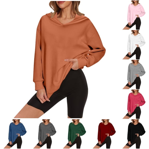 NinXxx Women's Casual Loose Solid Long Sleeve Hoodie Pullover Sweatshirt Orange L