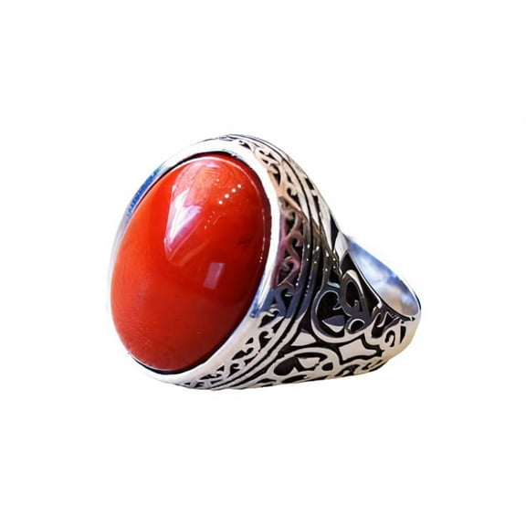 NEW Coral Mans Ring, Natural Red Coral Ring, Unisex Ring, Silver Jewelry, 925 Silver Ring, Birthday Gift, Heavy Mens Ring, Arabic Design, Ottoman Style Ring, Christmas, Turkey Mens Signet Ring