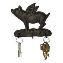 Cast Iron Whimsical Flying Pig Angel 3-Peg Wall Hook Decorative Sculpture