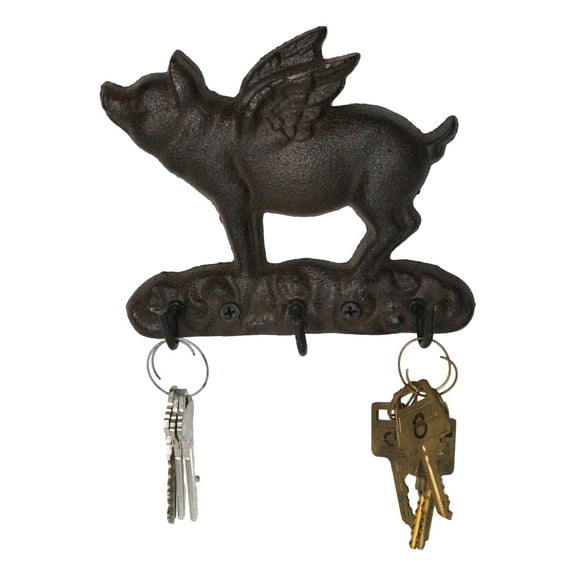 Cast Iron Whimsical Flying Pig Angel 3-Peg Wall Hook Decorative Sculpture