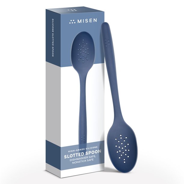 Misen Cuchara Ranurada De Silicona - Cuchara Perforada De Grado Profesional Apta Para Lavavajillas - Agarre Cómodo Antiadherente Apto Para Calor - Perfecta Para Revolver Y Servir - Azul