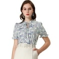 thumbnail image 1 of Blusa De Trabajo Manga Corta Estampado Floral Cuello Con Volantes Camisa Para Mujer Blanco XS, 1 of 6