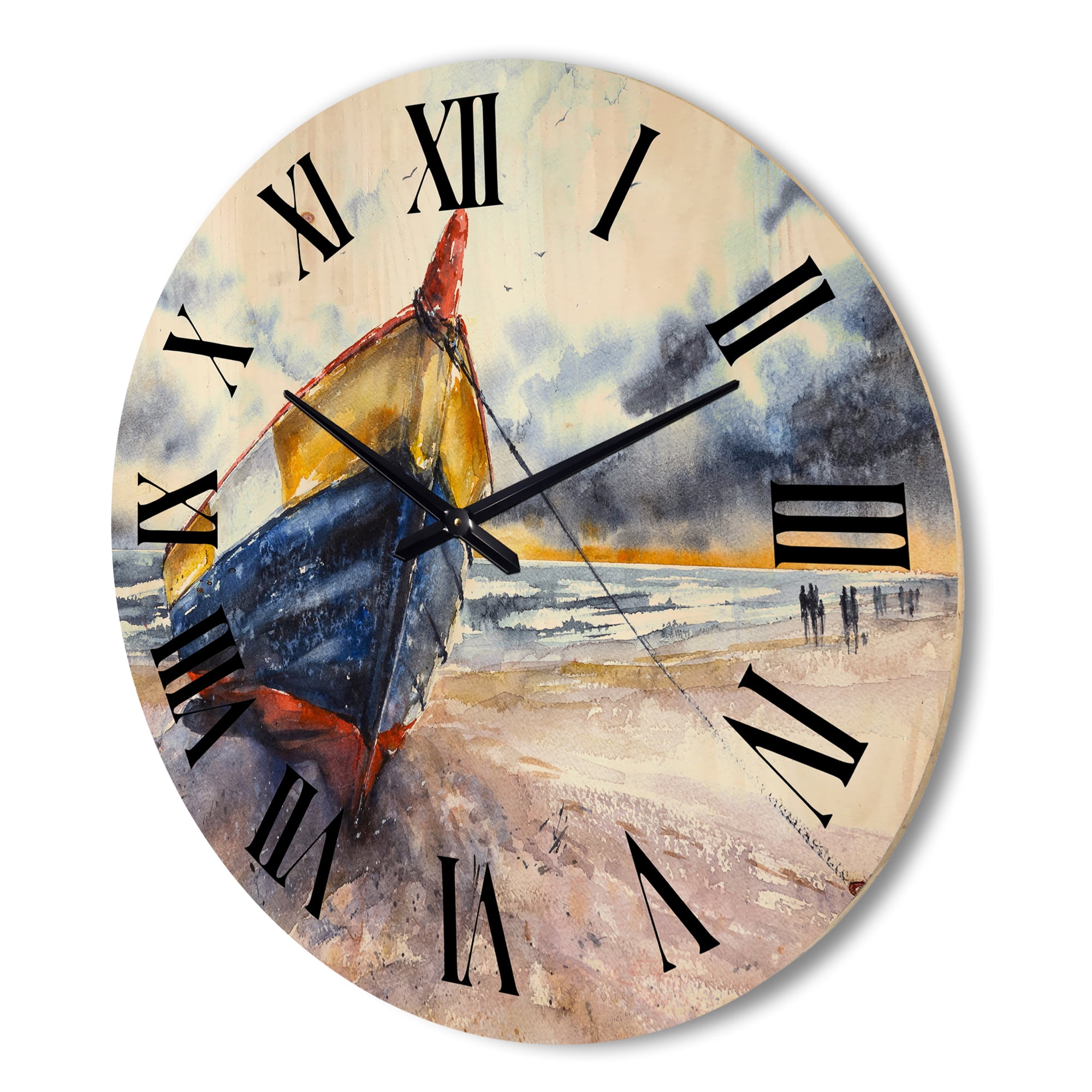 Designart 'Wooden Boat On The Baltic Shores At Evening Glow' Nautical & Coastal Wood Wall Clock