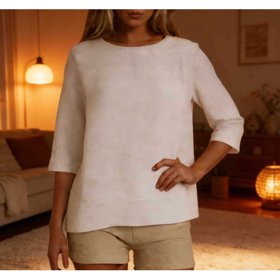 Womens Linen Tops Summer Casual 3/4 Sleeve Crewneck Shirts Solid Color Loose Comfy Tops Basic T Shirts White S