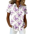 thumbnail image 2 of Women's Hawaiian Summer Beach Shirt Floral Tropic Print Short Sleeve V Neck Button Up Tops Purple M, 2 of 5