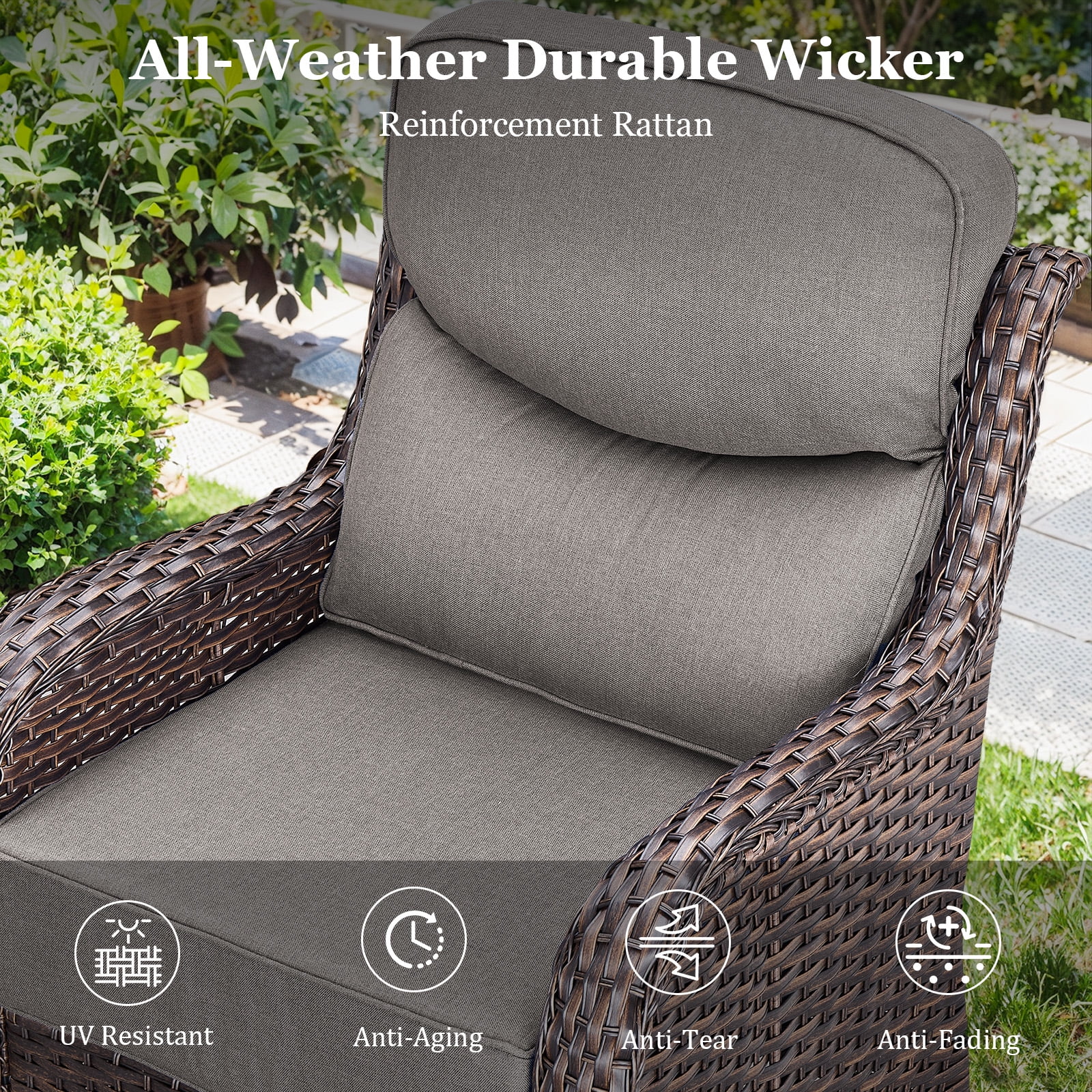 Planntonneo 5pcs Patio Furniture Set with Fire Pit Table, 4pcs Outdoor Wicker Swivel Chairs with 30" Propane Fire Table Square, 6inch Thickened Grey Cushions
