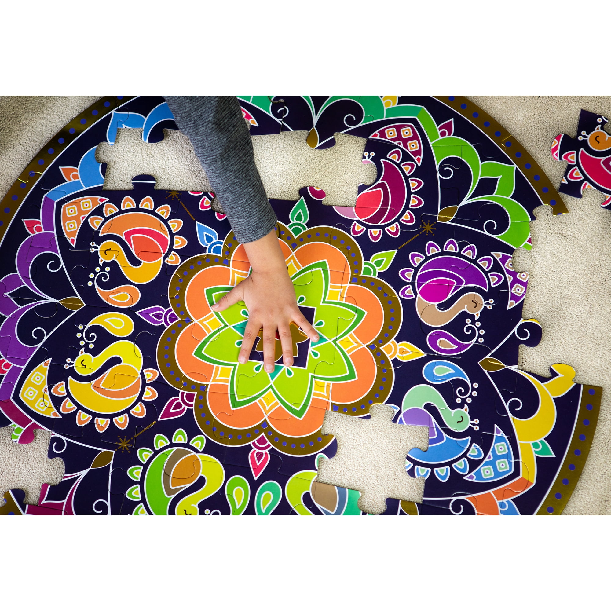 Rangoli Mandala 32" Round Floor Puzzle - 48 Pieces, Indian Art For Holi, Family & Kids