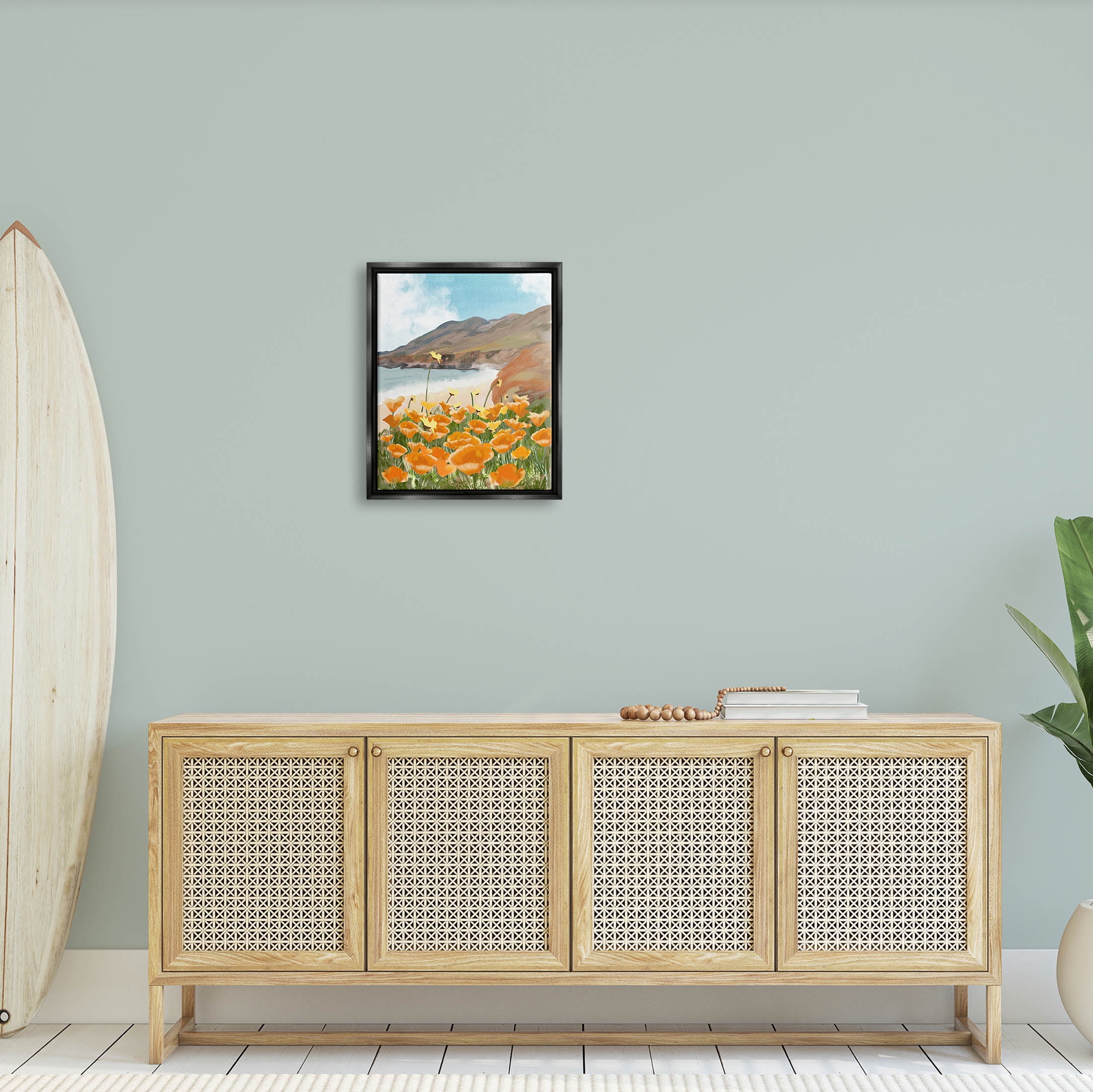 Stupell Industries Coastal Flower Meadow Blooming Graphic Art Jet Black Floating Framed Canvas Print Wall Art, Design by Ashley Singleton