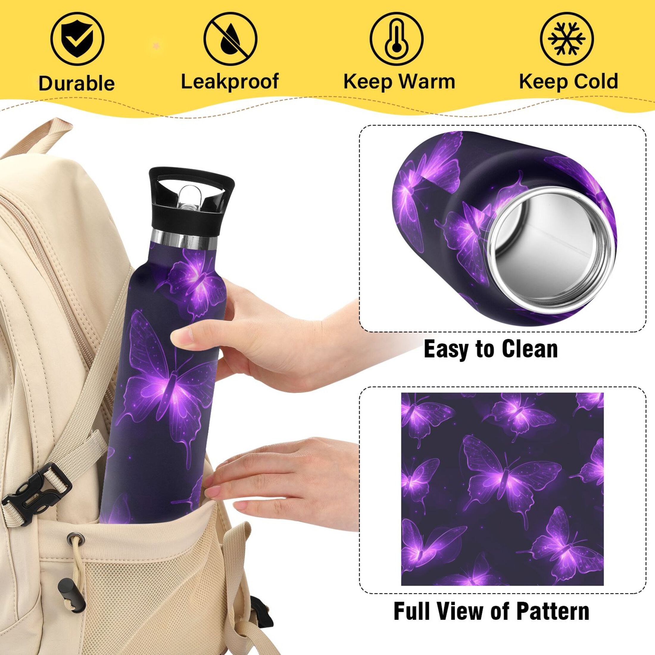 Kids Insulated Stainless Steel Sports Water Bottle 600ml (20oz) Glowing Butterflies Pattern