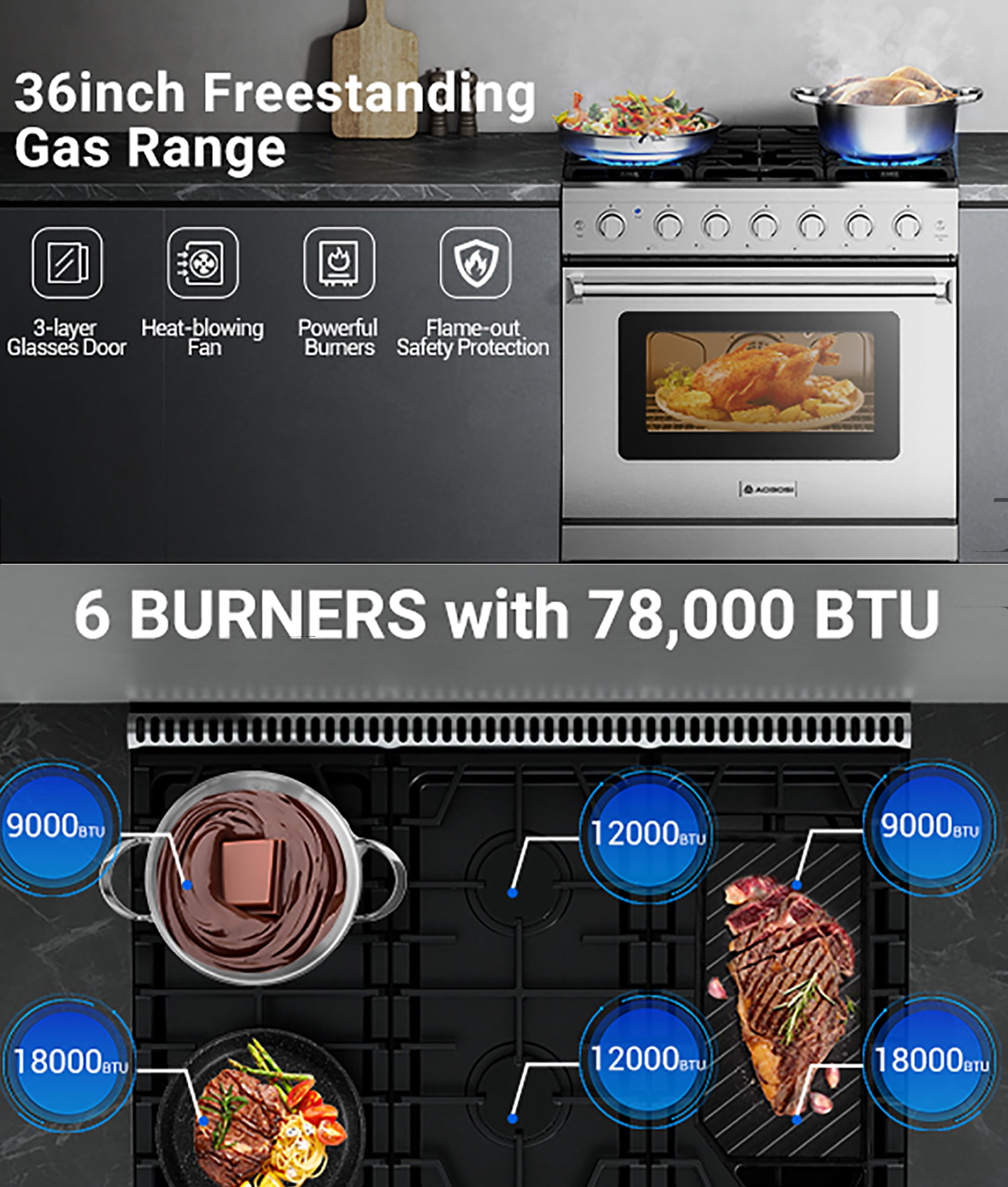 AAOBOSI 36 Inch Front Control Gas Range Oven with 6 Cooktop Burners, 6 Cu. Ft Convection Oven with Knobs Control, Heavy Duty Cast Iron Grates in Stainless Steel