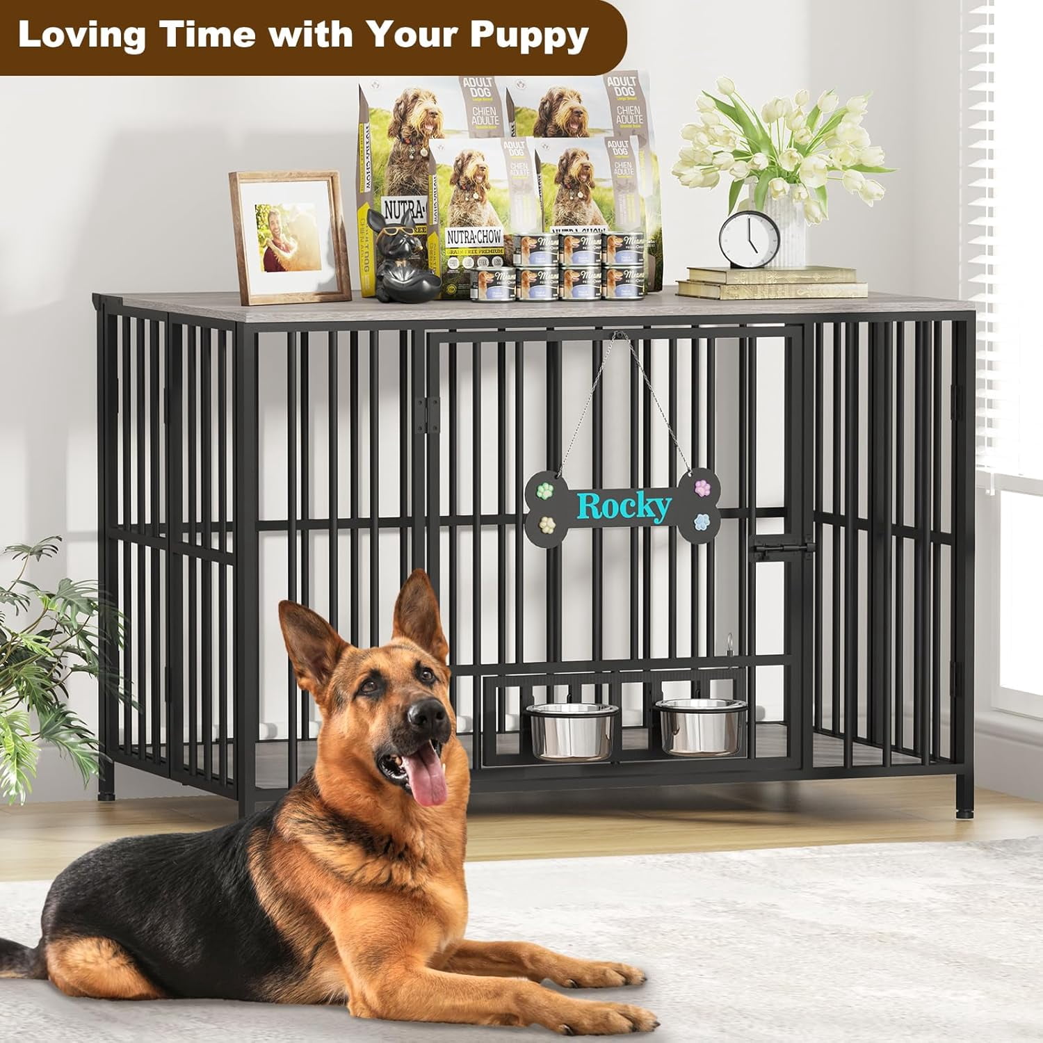 POAO 43"Dog Crate Furniture Foldable, No Assembly Dog Kennel Indoor for Large Dogs (60-80 lbs), Dog Cage with Adjustable Bowls &Name Tag,End Table