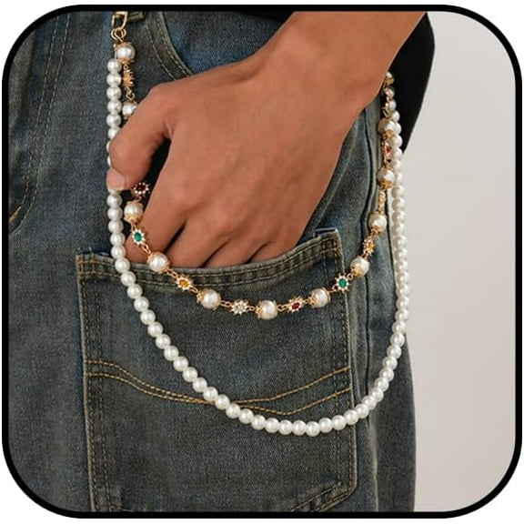 Wallet Chain for Men Women Pearl Pants Jeans Chain Pocket Wallet Purse Chain Belt Vintage Rhinestone Pearl Body Chain Pants Jewlery Accessories