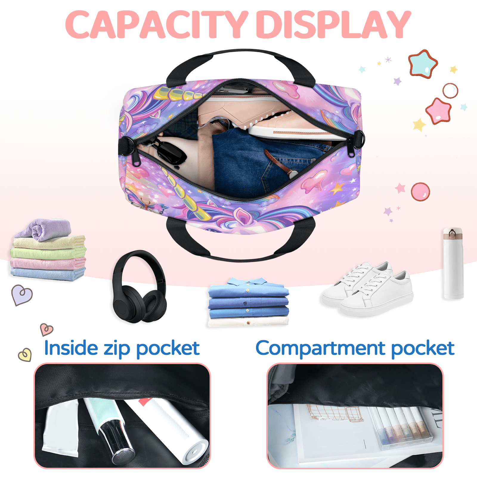 Herdesigns Unicorn Butterfly Gym Bag for Women, Duffle Bag for Travel Sport, Lightweight Waterproof Carry on Weekender Overnight Dance Yoga Workout Bags