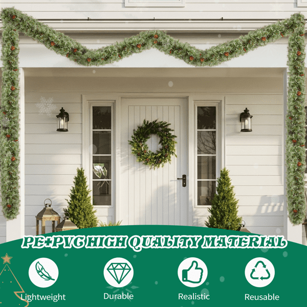 2-Pack 9FT Pre-Lit Snow Flocked Christmas Garlands, 440 Branch Tips, 200 Warm White LEDs, for Indoor/Covered Outdoor (Mantel/Staircase/Entryway)