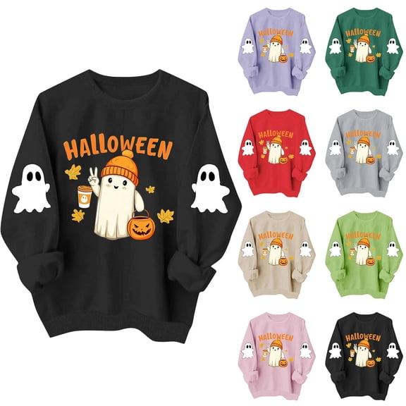 Brqkzdu Oversized Sweatshirt Women Fall Spooky Halloween Ghost Graphic Crew Neck Sweatshirt Long Sleeve Loose Fit Casual Sweatshirt