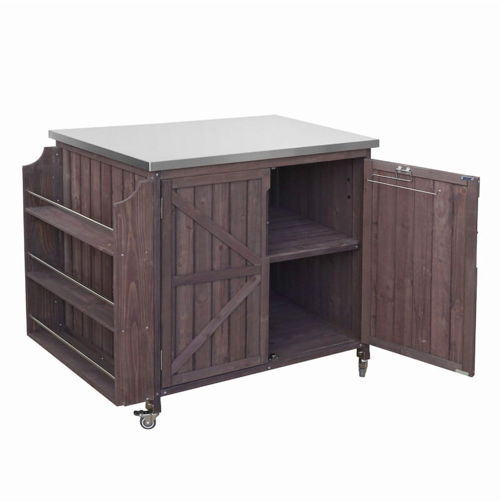 42" Outdoor Kitchen Island with Stainless Steel Top, Fir Wood Grill Cart Outdoor Storage Cabinet with Adjustable Shelf and 4 Wheels