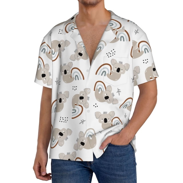 Fotbe Cartoon Koala Camisa Estampada de Manga Corta para Hombre, Casual de Verano, Estilo Playero, Sin Arrugas-XX-Large