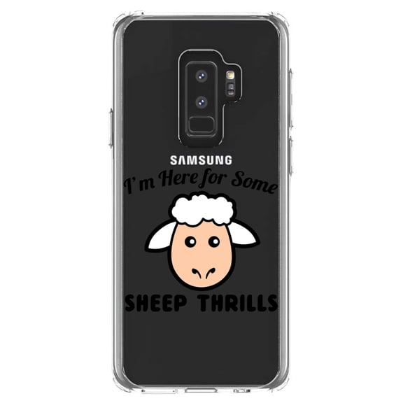 DistinctInk Clear Shockproof Hybrid Case for Samsung Galaxy S9  PLUS (6.2" Screen) - TPU Bumper Acrylic Back Tempered Glass Screen Protector - I'm Here for Some SHEEP Thrills