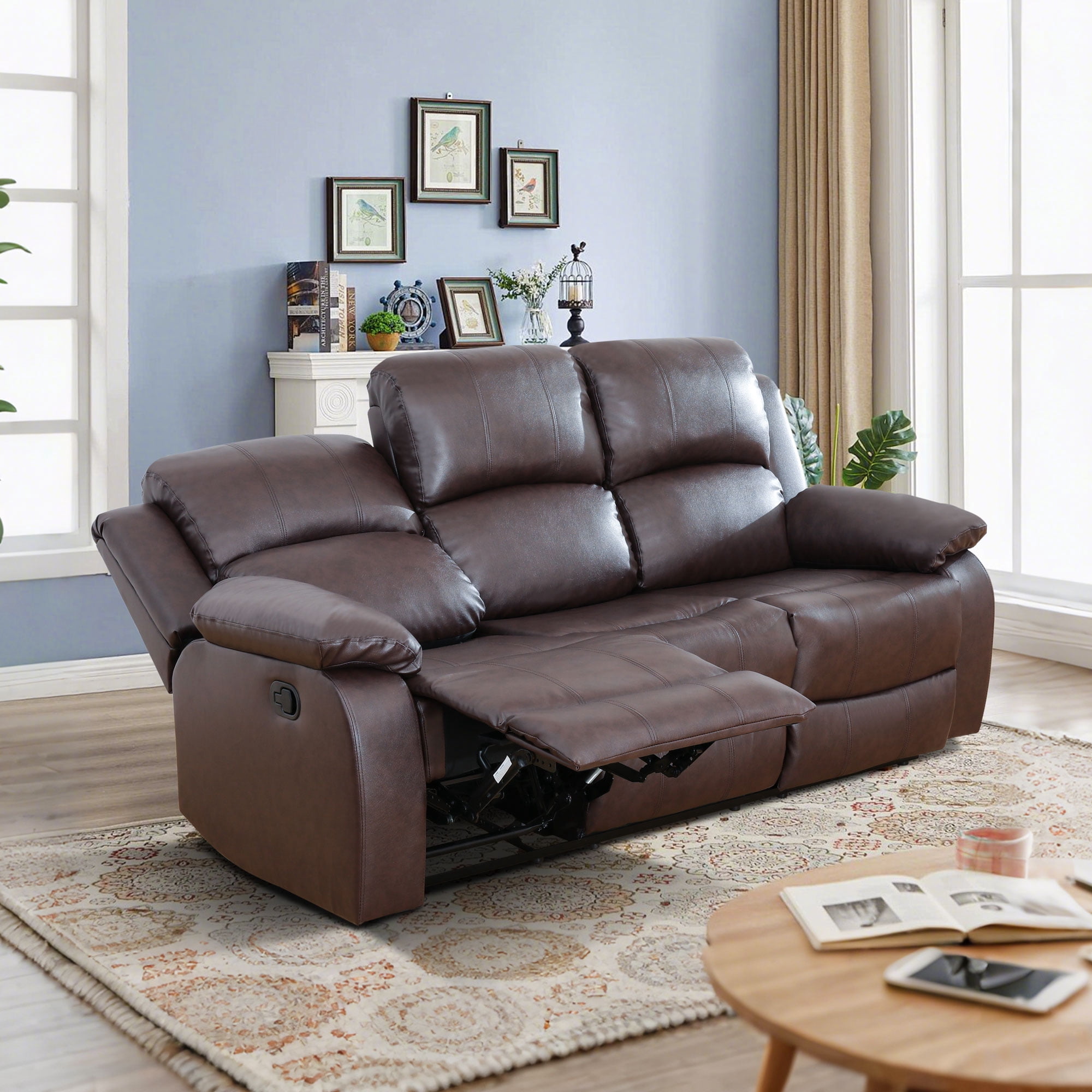 Gewnee Brown 3-Seater Reclining Sofa - Air Leather Upholstery with High-Elastic Sponge for Living Room & Office