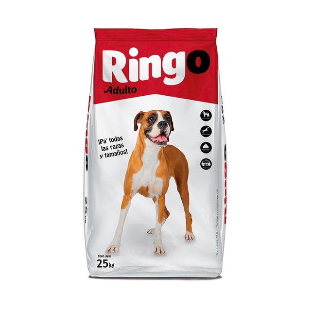 Alimento para Perro Ringo Adulto 25kg en empaque blanco y rojo con imagen de perro adulto mediano, formulado para todas las razas y tamaños, con 18% de proteína para digestión saludable y huesos fuertes, ideal para una dieta equilibrada y nutritiva, también usado como croquetas para perro.