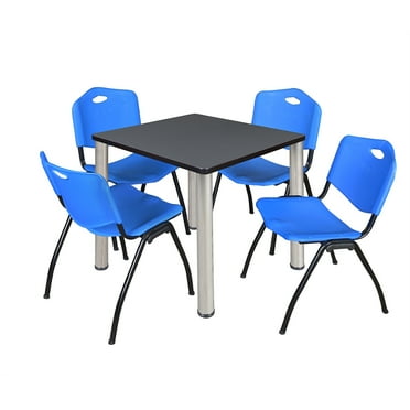 Regency Kee 30" Square Breakroom Table- Grey/ Black & 4 'M' Stack Chairs- Blue