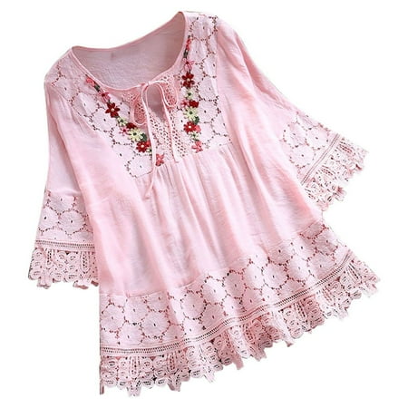 QLEICOM Womens 3/4 Bell Sleeve Blouse Summer Plus Size Crewneck Lace Tops Floral Textured Babydoll Shirts Pink XXL  US Size:20