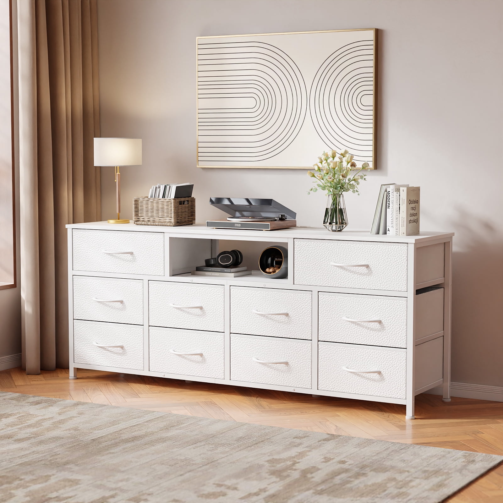 Tydimor TV Cabinet Stands for TVs up to 65", Entertainment Center with Outlet & LED, Media Console Table with 10 Drawers for Living Room, White