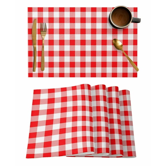 Placemats 1 Pack, Red White Plaid Woven Placemat, Linen Place Mats for Kitchen/Dining Tables, Modern Farmhouse Buffalo Check Gingham Washable Table Mats for Party