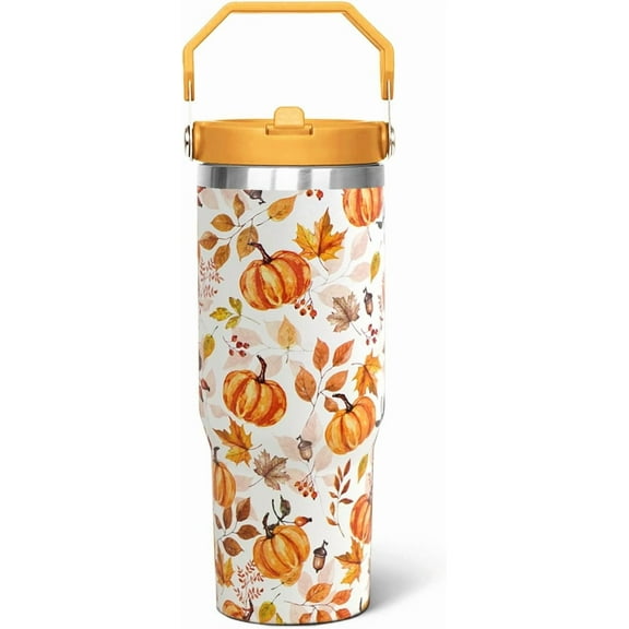 30oz Fall Pumpkin Flip Tumbler with Handle lid and Straw,Fall Coffee Travel Mug Cup Water Botter,Fall Gifts for Women,Fall Stuff Decor Accessories