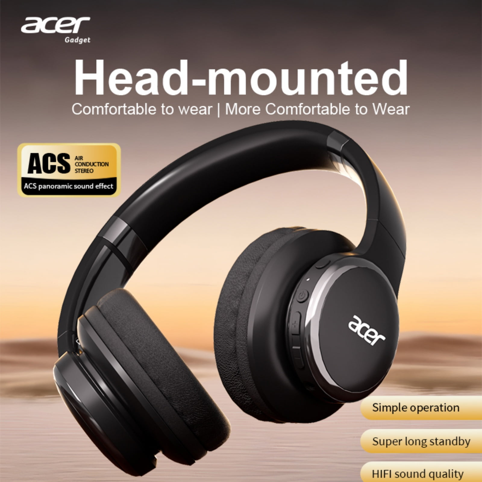 Acer Over-ear Headphones with 60H Playtime, Hi-Res Audio Foldable and Comfortable, Black