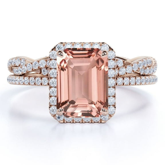 JeenMata 2 Carat Emerald Cut created morganite Wedding Set - Bridal Set - Infinity Ring - Cluster Ring - 18k Rose Gold Over Silver