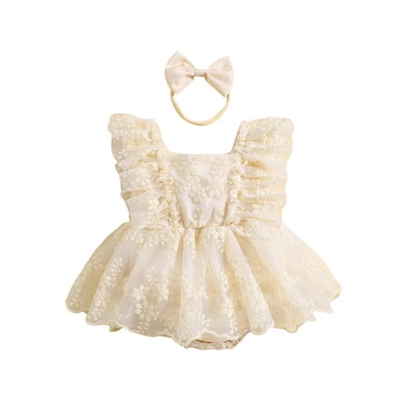 

Baby Girl Summer Outfits Ruffle Sleeve Lace Romper Dress with Headband