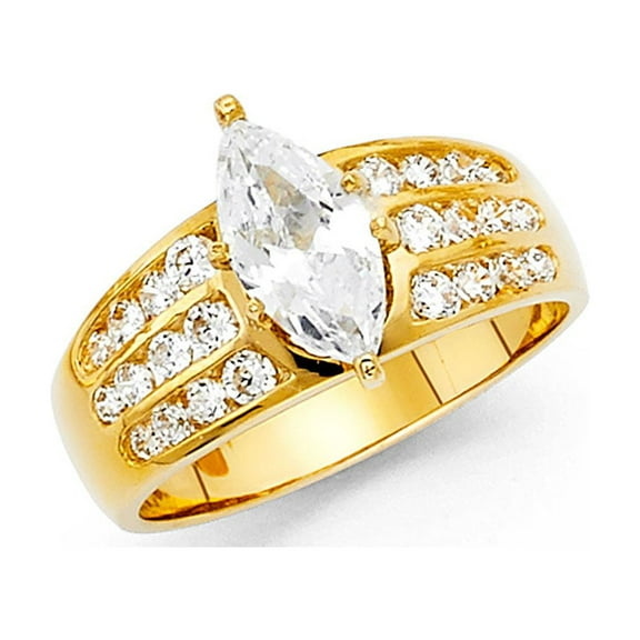 Big CZ Marquise Engagement Ring 14k Yellow Gold Anniversary Solitaire CZ Wide Band Side Stones Size 7