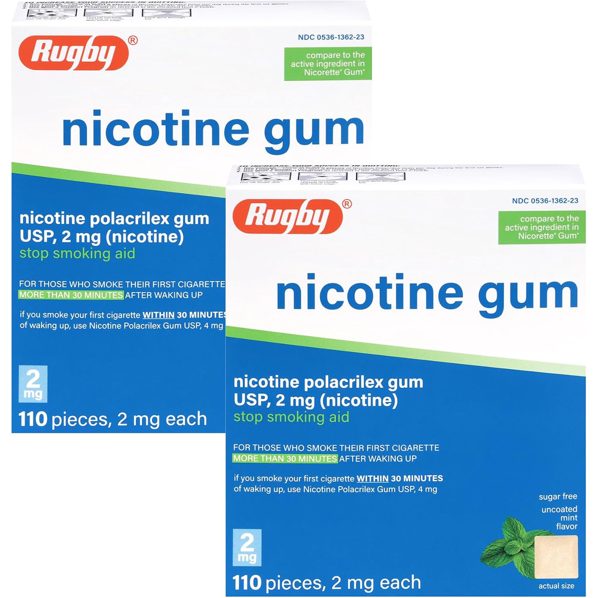 Rugby Polacrilex 2mg Nicotine Gum, Uncoated Mint Flavor, 110 Count (2-Pack)