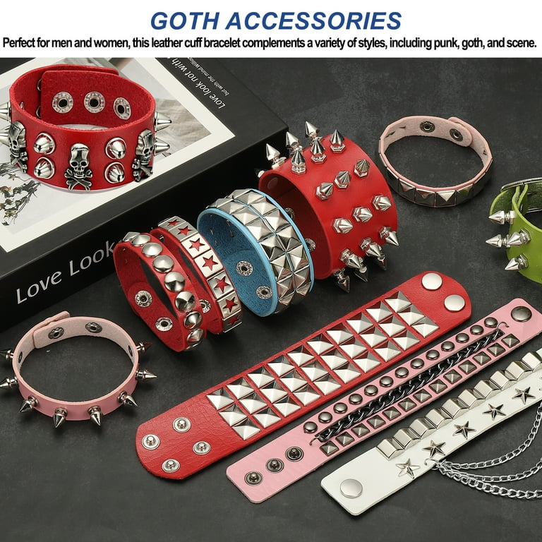 Uxcell 3Pcs Rock Punk Studded Leather Bracelet Set, 8.7