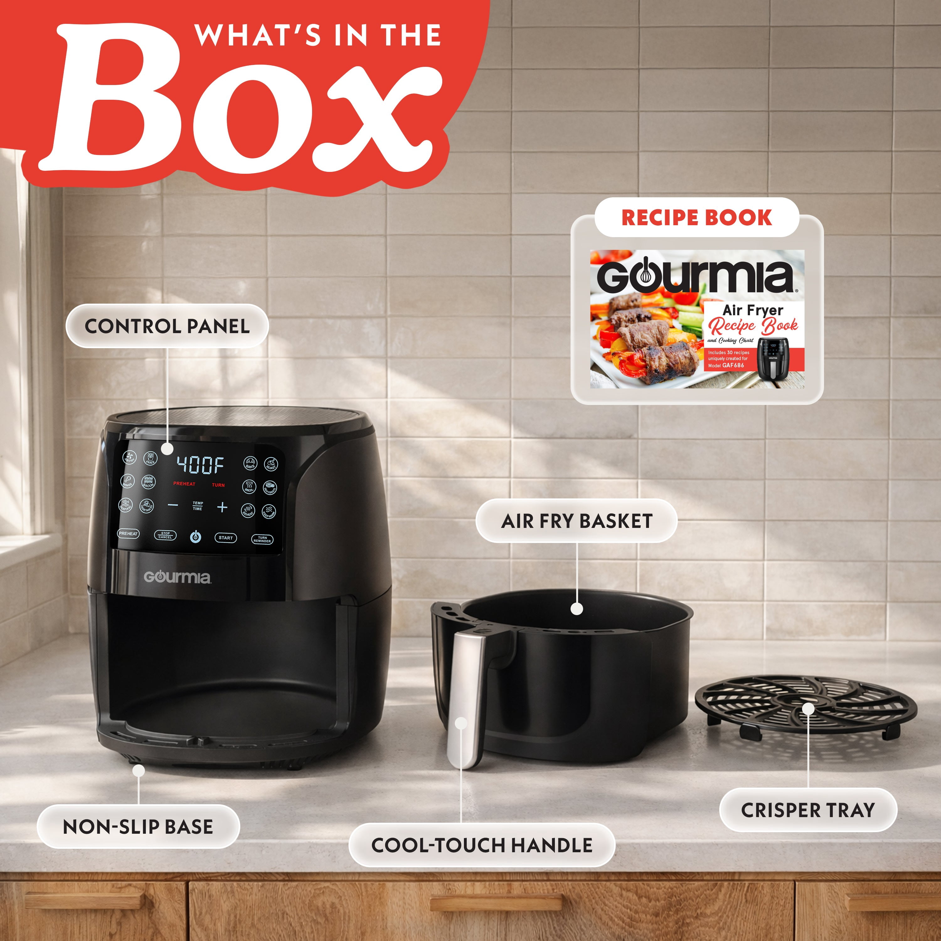 Gourmia Air Fryer - 6 Quart Capacity, 12 Presets, Black
