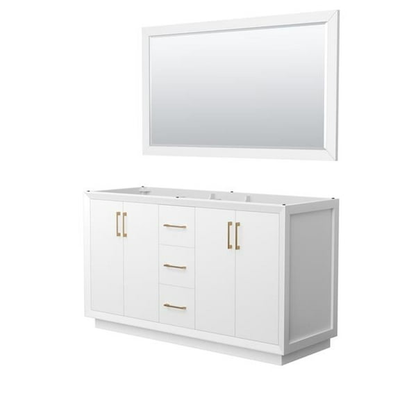 60 in. Strada Double Bathroom Vanity, White, No Countertop, No Sink & Satin Bronze Trim - 58 in. Mirror