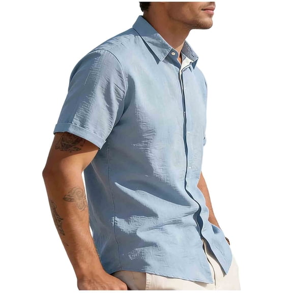FRSASU Men's Linen Shirts Casual Short Sleeve Button Down Shirt Beach Vacation Cruise Summer Tops Light Blue
