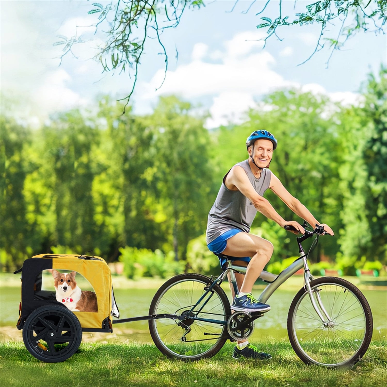 Pefilos 16" Dog Bike Trailer, Pet Stroller Bicycle Carrier w/Hitch, Suspension, Visibility Flag, Air Wheel Pet Bike Trailer for Dogs 66lb Weight Capacity, Yellow Pefilos 16" Dog Bike Trailer, Pet Stroller Bicycle Carrier w/Hitch, Suspension, Visibility Flag, Air Wheel Pet Bike Trailer for Dogs 66lb Weight Capacity, Yellow