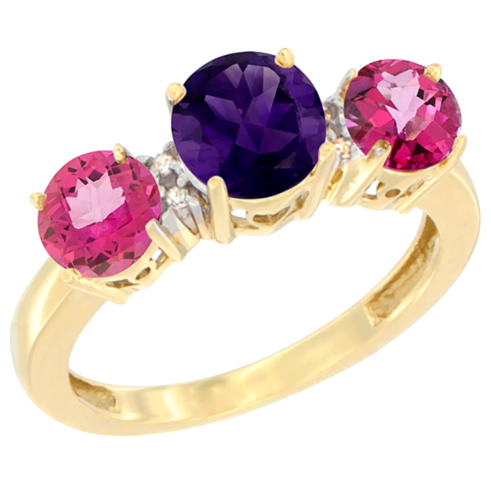 10K Yellow Gold Round 3-Stone Natural Amethyst Ring & Pink Topaz Sides Diamond Accent, sizes 5 10 by WorldJewels