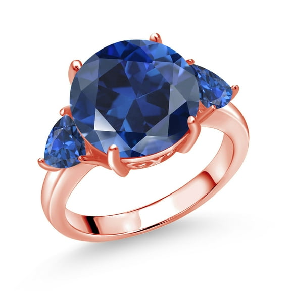 Gem Stone King 18K Rose Gold Plated Silver Blue Simulated Sapphire and Blue Created Sapphire 3-Stone Ring for Women (7.08 Cttw, Round 12MM, Trillion 5MM, Size 5)