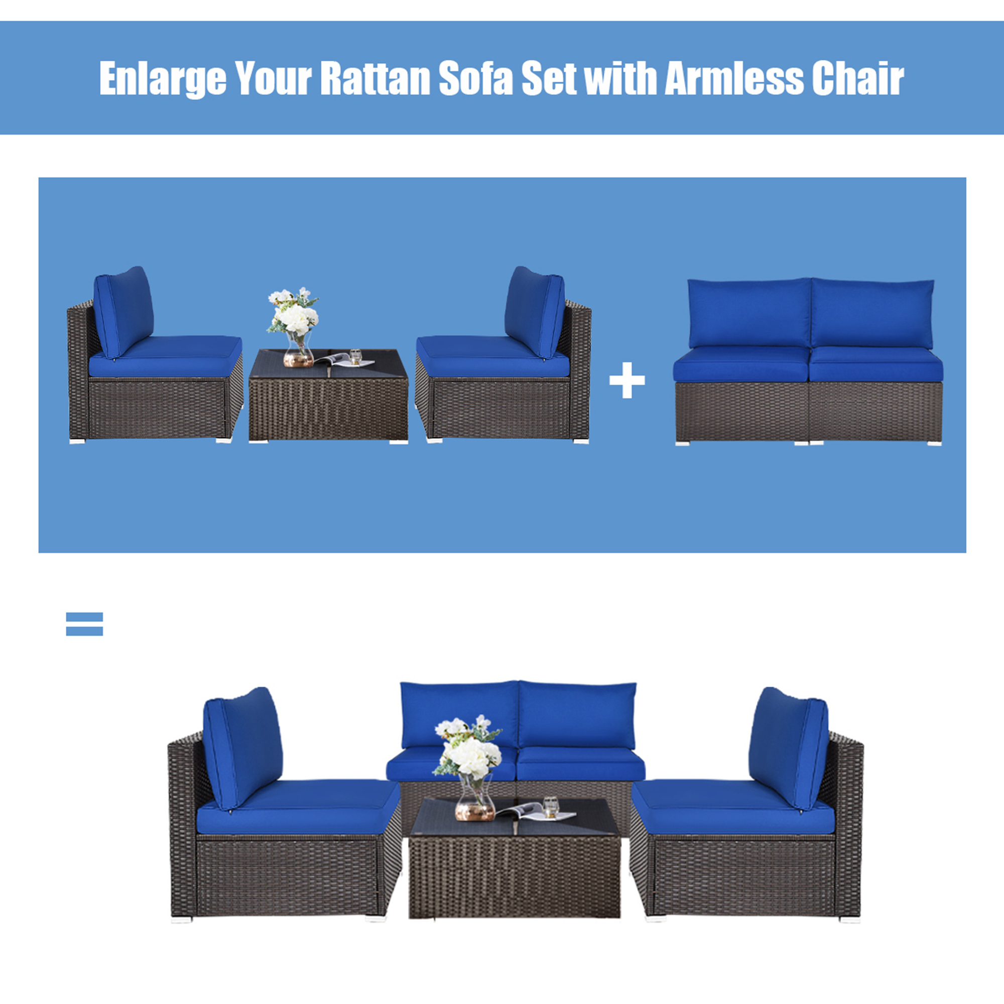 Gymax 2PCS Patio Sectional Armless Sofas Rattan Furniture Set Outdoor w/ Cushions