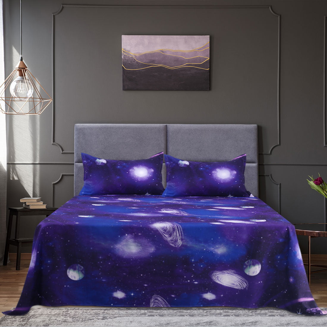 PiccoCasa Galaxy Bed Sheet Set,4 Piece Soft Polyester Microfiber Bedding Set,Including 3D Space Star Theme Bed Sheet & Fitted Sheet with 2 Pillowcases Purple Full 