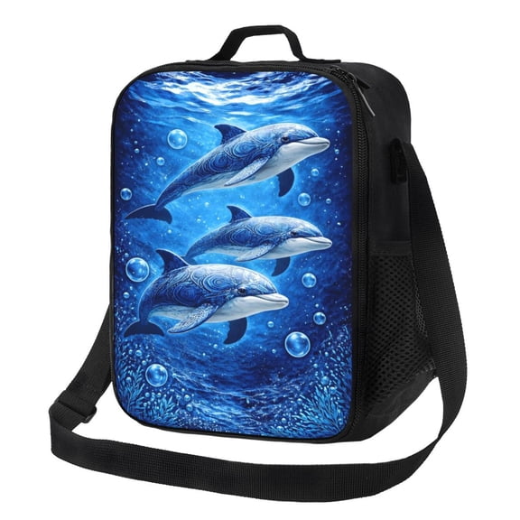 Blue Ocean Dolphin Lunch Bag Insulated Thermal Box with Shoulder Strap & Handle for Work and Picnic