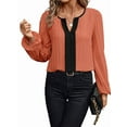 thumbnail image 3 of Womens Dressy Casual V Neck Color Block Business Blouses Long Sleeve Work Shirts Fall Trendy Clothes Coral XL, 3 of 9