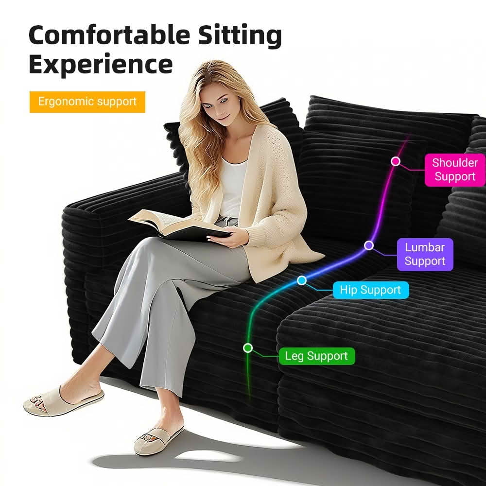 MAYEERTY 102.4" Plush Corduroy 4-Seat Cloud Sofa, Modern Comfy Upholstered Deep Seat Couch with Soft Pillows & Movable Ottoman, Convertible Sofa Lounge Chair for Living Room