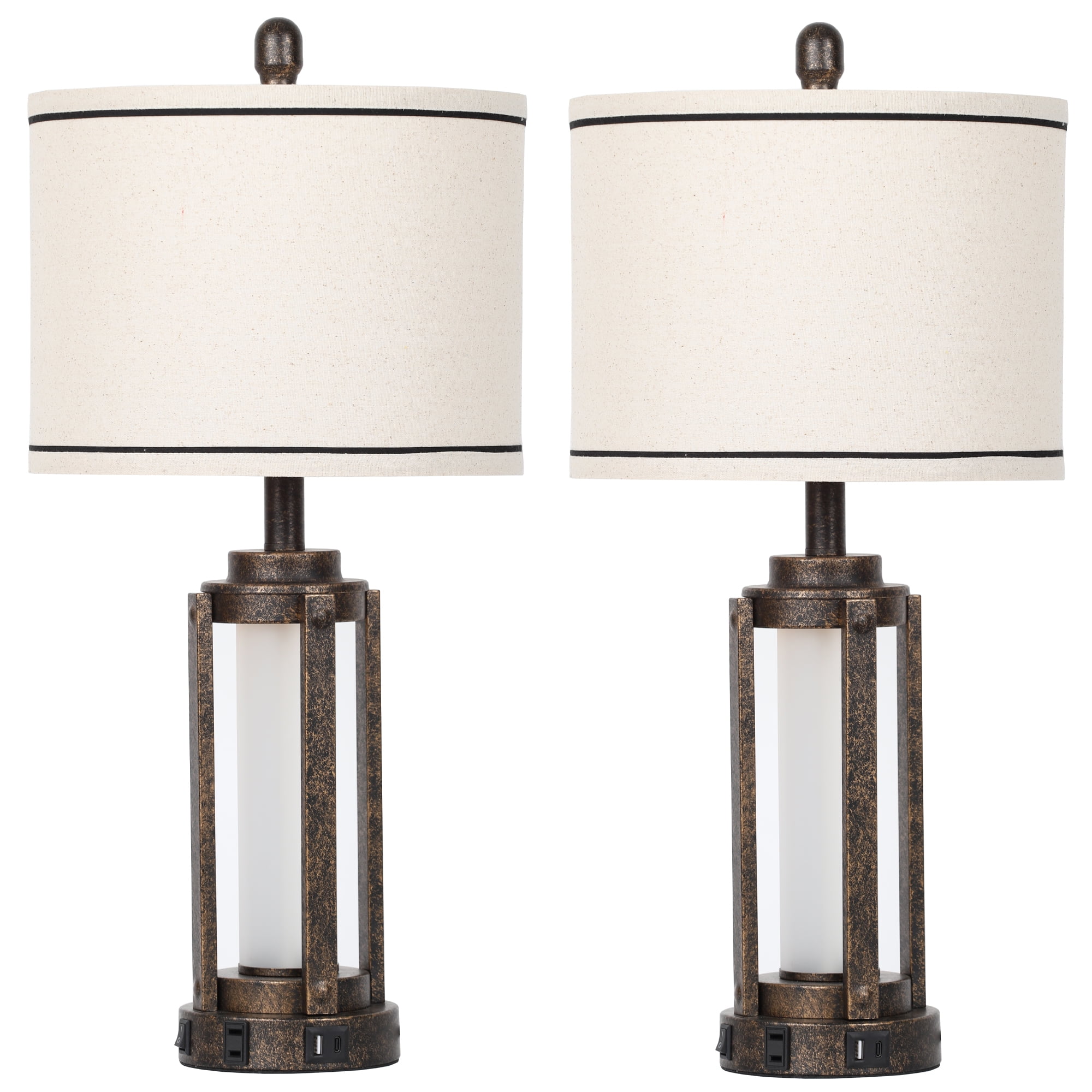 Cinkeda Modern Gold Table Lamp Set of 2 for Living Room Bedroom 25" Bedside Nightstand Lamps with USB A+C Port AC Outlet Nightlight