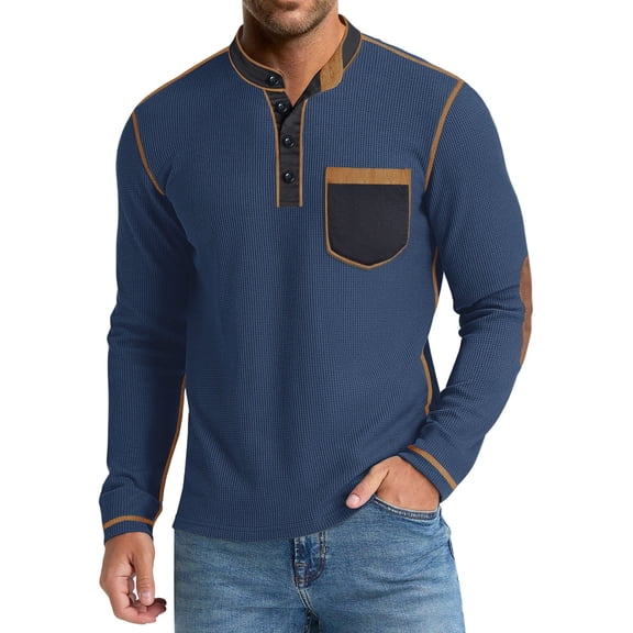 Ceisia Men's Color-Block Henley Waffle Top | Slim Long-Sleeve Faux Leather Trim Casual Shirt Gift