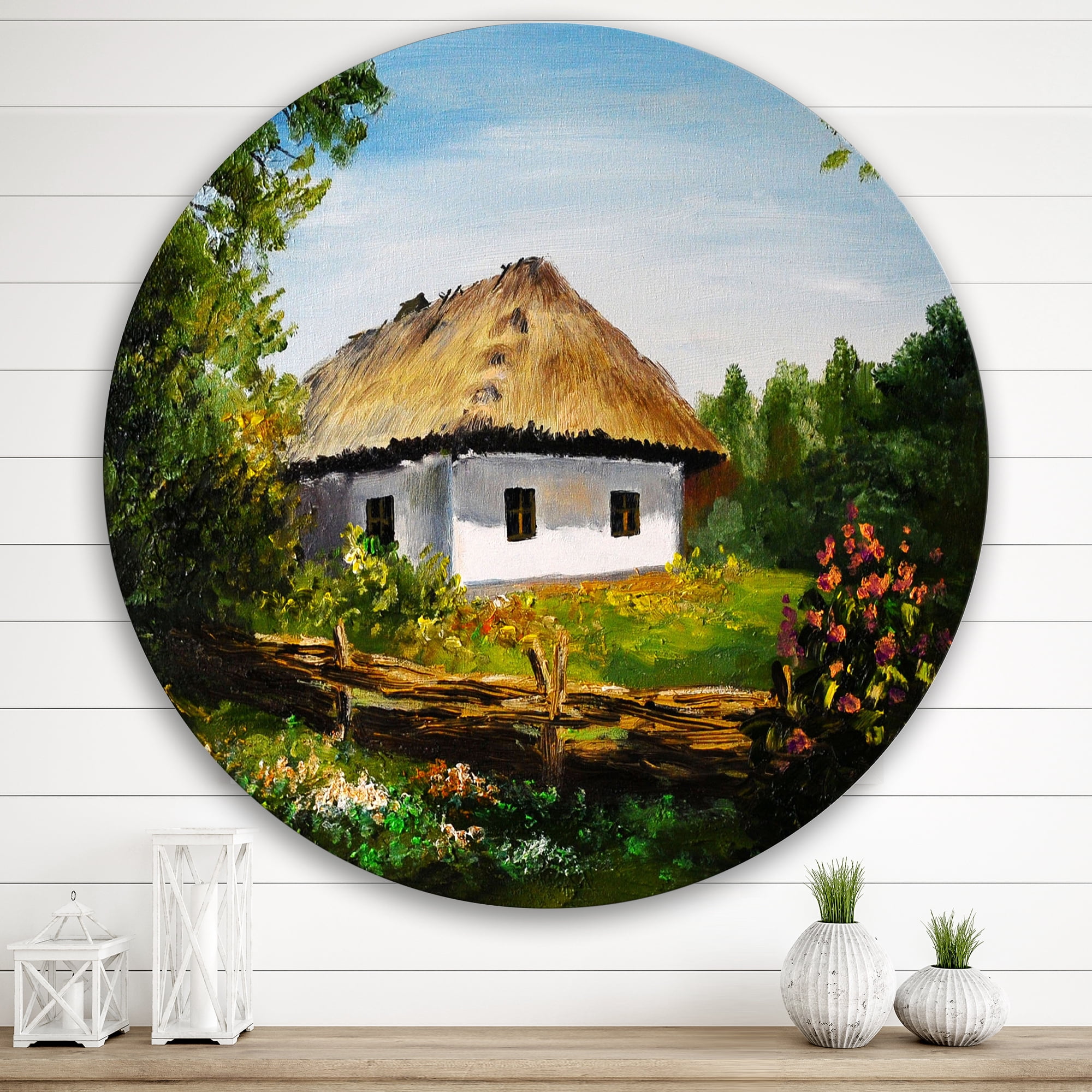 Designart 'Traditional Cottage At Sunrise In Summer' Traditional Circle Metal Wall Art 36x36 - Disc of 36